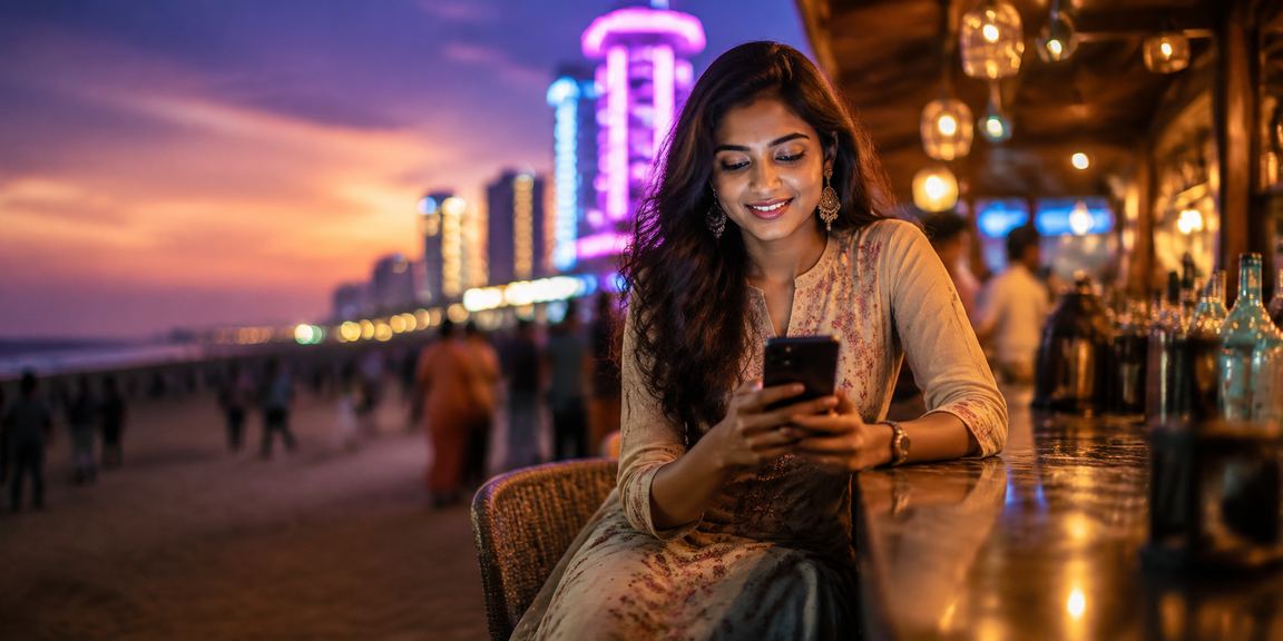 Marina Beach in Chennai bathed in evening light with festive red envelopes symbolizing bonuses