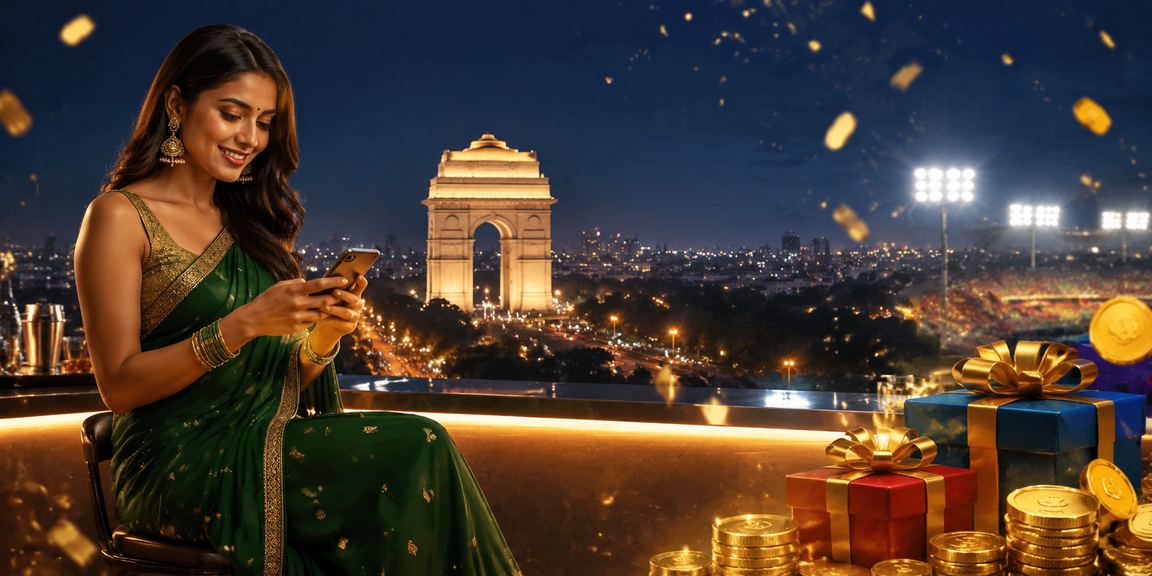 Mobile casino player celebrating a bonus win near India Gate, Delhi