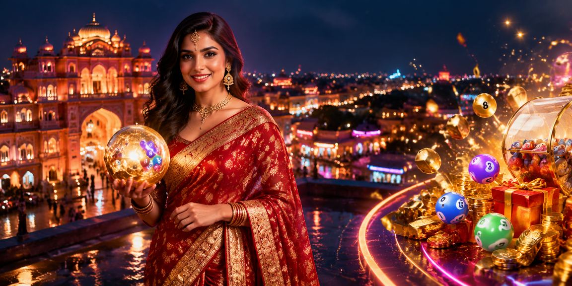 Indian woman placing lottery bets with mobile device wearing colorful saree