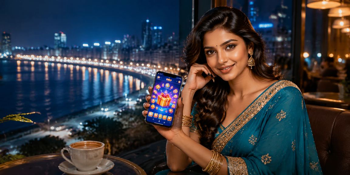 Happy mobile player claiming deposit bonus on a saree-clad beach setting at Mumbai Marine Drive
